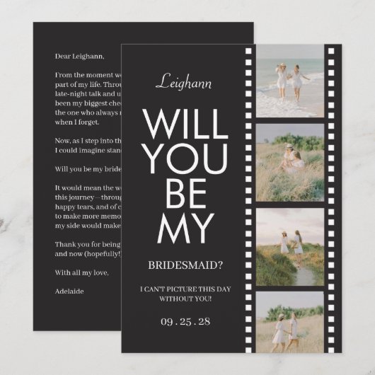 Invitation Will You Be My Bridesmaid Photo Black Reel (Devant / Derrière)