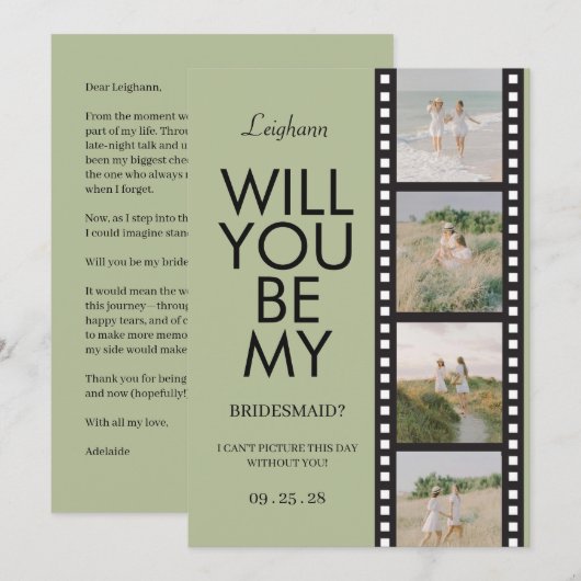 Invitation Will You Be My Bridesmaid Photo Green Reel (Devant / Derrière)