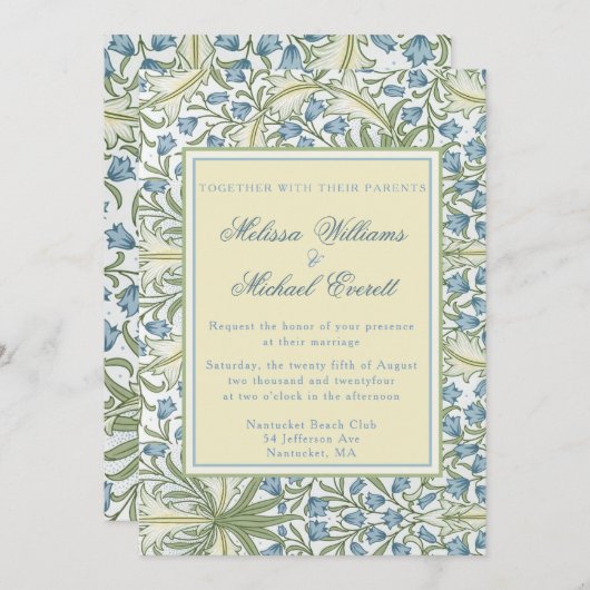 Invitation william Morris - Élégant Mariage de fleurs bleues (Devant / Derrière)