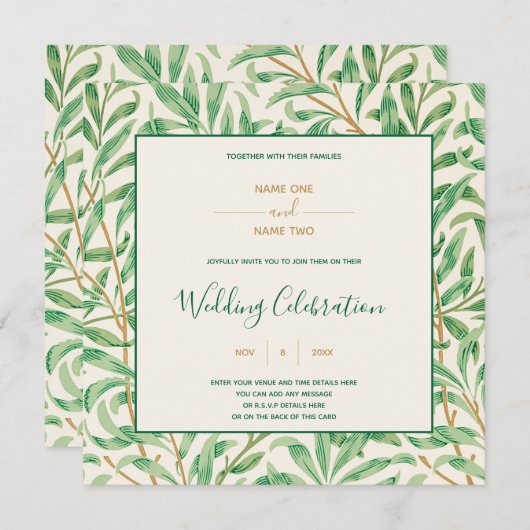 Invitation William Morris mariage motif vert à feuilles (Devant / Derrière)
