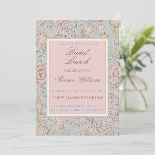Invitation William Morris Pink Wild Tulips Blue Bridal Brunch (Debout devant)