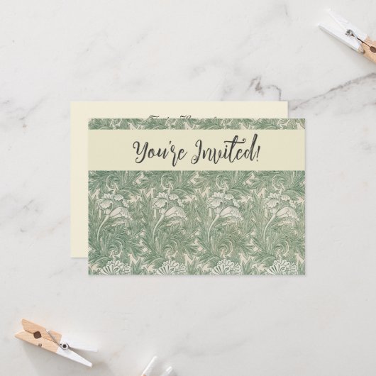 Invitation William Morris tulip fond textile vert (Devant/Arrière en situation)