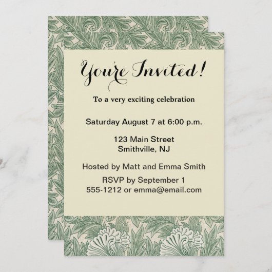 Invitation William Morris tulip fond textile vert (Devant / Derrière)