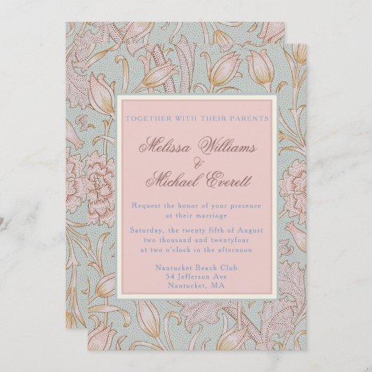 Invitation William Morris, Tulipes sauvages roses Mariage ble (Devant / Derrière)