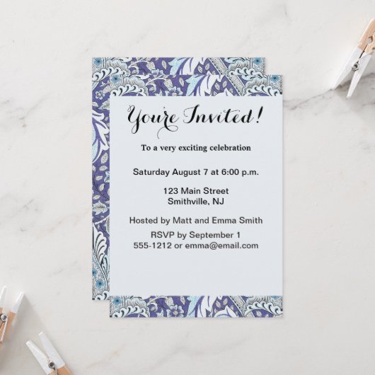 Invitation William Morris Windrush motif floral bleu (Devant/Arrière en situation)