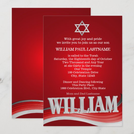 Invitation William Steel Wave Red Bar Mitzvah (Devant / Derrière)