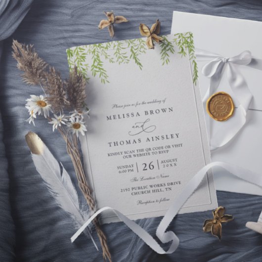 Invitation Willow Tree Rustic Greenery Modern QR Code Wedding