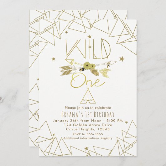 Invitation WILONE Gold & White Boho 1er anniversaire N'IMPORT (Devant / Derrière)