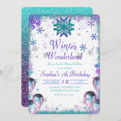 Invitation Winder Wonderland Turquoise violet fête d'annivers (Devant / Derrière)