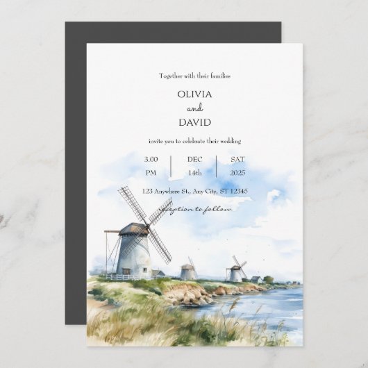 Invitation Windmills rustiques côtiers Vue mer Mariage arrièr (Devant / Derrière)