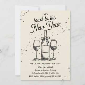 Invitation Wine Bottle and Glasses Hand Drawn New Year Party