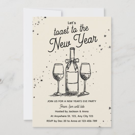 Invitation Wine Bottle and Glasses Hand Drawn New Year Party (Devant)
