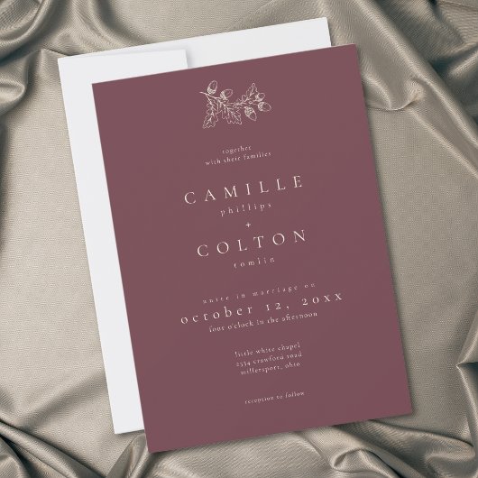 Invitation Wine Burgundy Minimalist Leaf Acorn Fall Wedding
