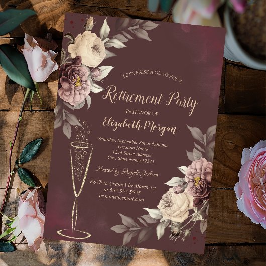 Invitation  Wine Glass Blush Roses Brown Retirement