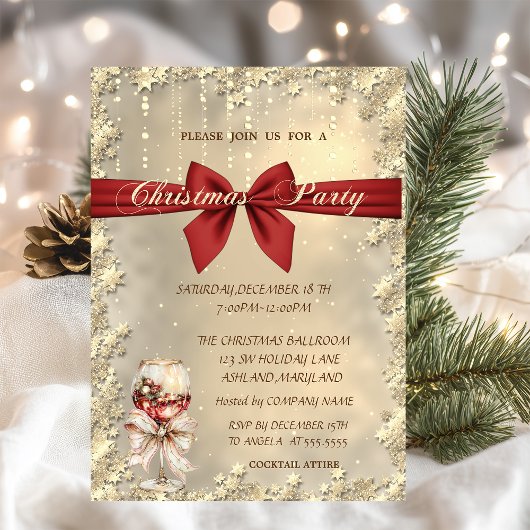 Invitation Wine Glass Bow Gold Christmas Corporated Party