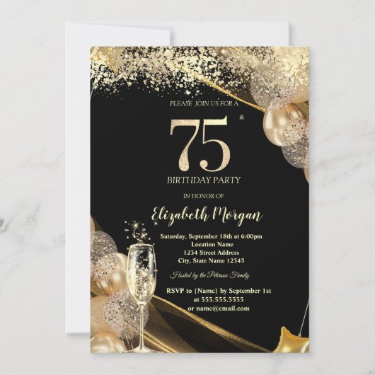 Invitation Wine Glass Gold Confetti Balloons 75th Birthday (Devant)