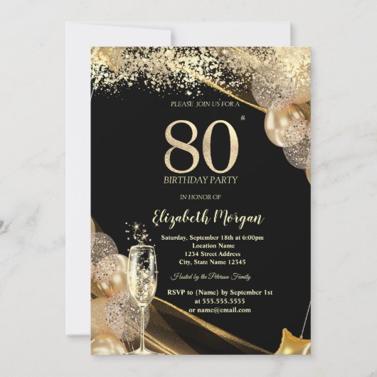 Invitation Wine Glass Gold Confetti Balloons 80th Birthday (Devant)