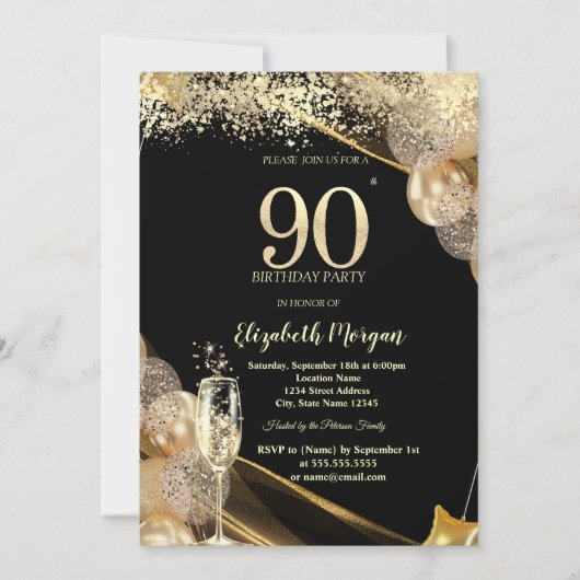 Invitation Wine Glass Gold Confetti Balloons 90th Birthday (Devant)