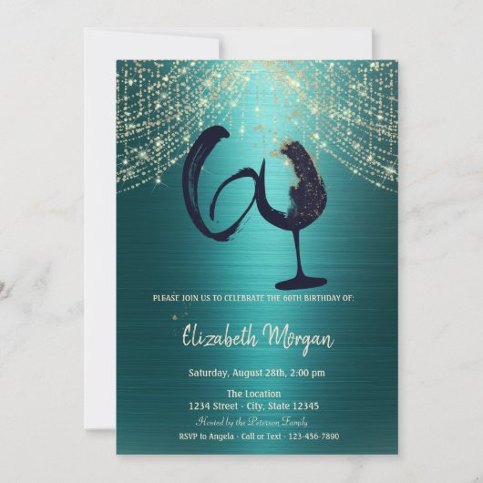 Invitation Wine Glass String Lights Green Metallic 60th  (Devant)