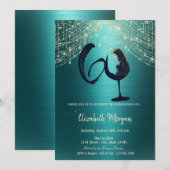 Invitation Wine Glass String Lights Green Metallic 60th  (Devant / Derrière)