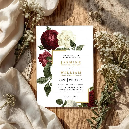 Invitation Wine Red Roses Rustic Country QR Code Wedding