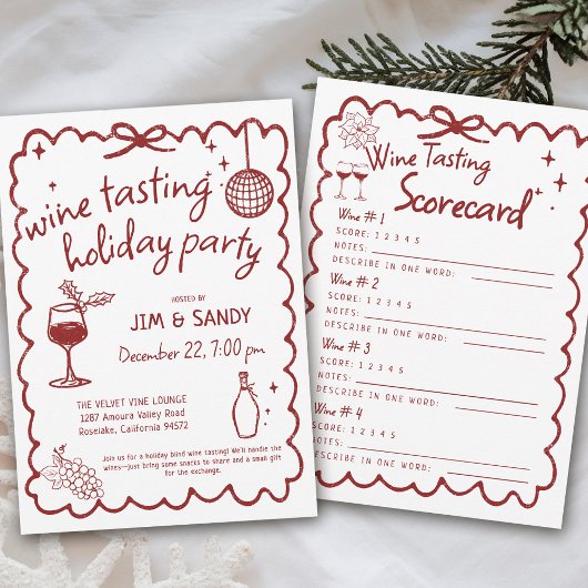 Invitation Wine Tasting Holiday Party Hand Drawn Whimsical