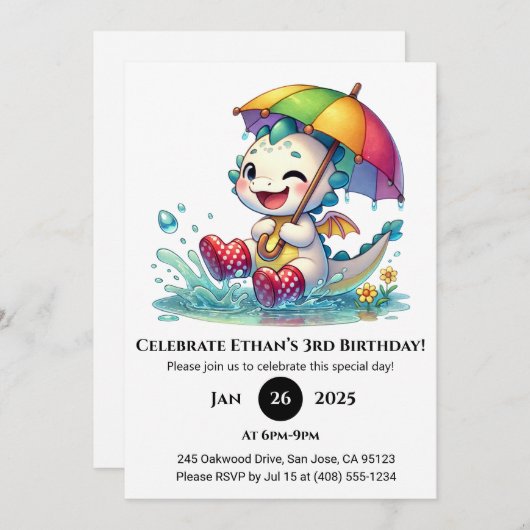 Invitation Winking Baby Dragon with Umbrella Birthday (Devant / Derrière)