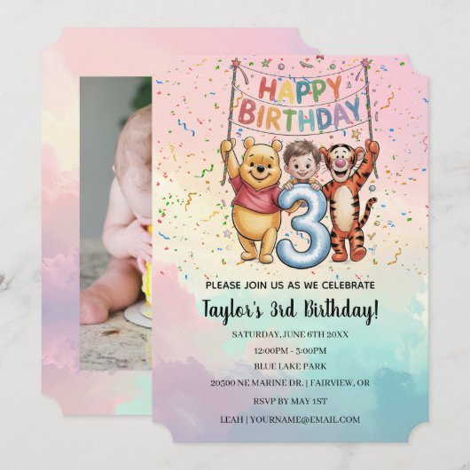 Invitation Winnie the Pooh | Happy Birthday (Devant / Derrière)