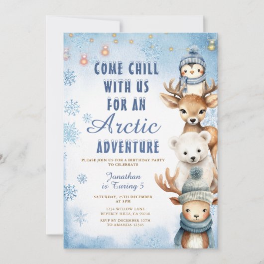 Invitation Winter Arctic Adventure 1st Birthday Animals Party (Devant)