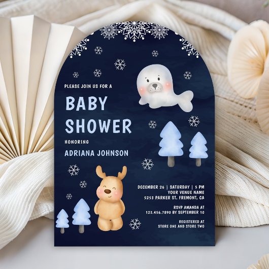 Invitation Winter Arctic Animals Navy Blue Baby Shower