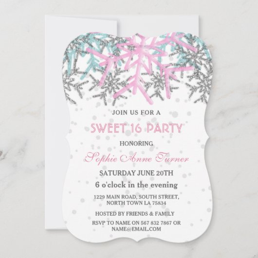 Invitation Winter Argent Rose Bleu Flocons de neige SWEET 16 (Devant)
