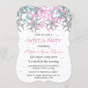 Invitation Winter Argent Rose Bleu Flocons SWEET 16