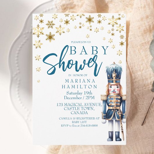 Invitation Winter Baby Boy Shower Gold Snowflakes Nutcracker