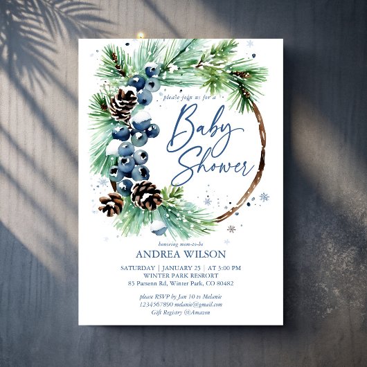 Invitation Winter baby shower snowy pines wreath dusty blue