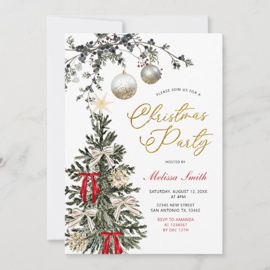 Invitation Winter Baubles Red Bow Star Christmas Tree Party (Devant)