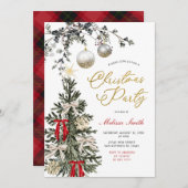 Invitation Winter Baubles Red Bow Star Christmas Tree Party (Devant / Derrière)