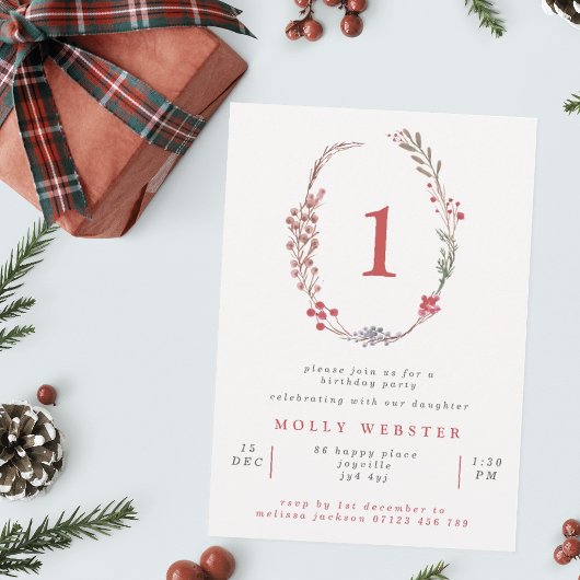 Invitation Winter Berries Wreath Girl's 1st Birthday Party