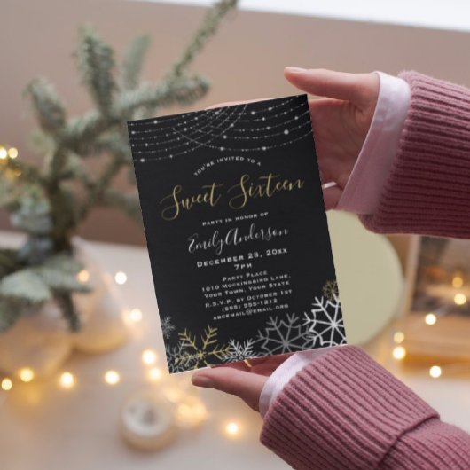 Invitation Winter Black Gold Silver Snowflake Sweet 16