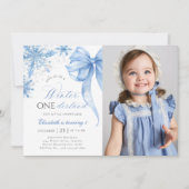 Invitation Winter Blue Bow Snowflake 1er Anniversaire Photo (Devant)