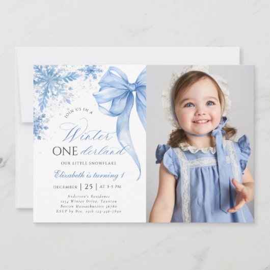 Invitation Winter Blue Bow Snowflake 1er Anniversaire Photo (Devant)