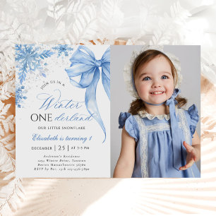 Invitation Winter Blue Bow Snowflake 1er Anniversaire Photo