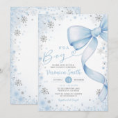 Invitation Winter Blue Bow thème fille Baby shower Coquette (Devant / Derrière)