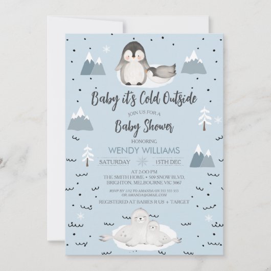 Invitation Winter Blue Boys Arctic Animaux Baby shower (Devant)