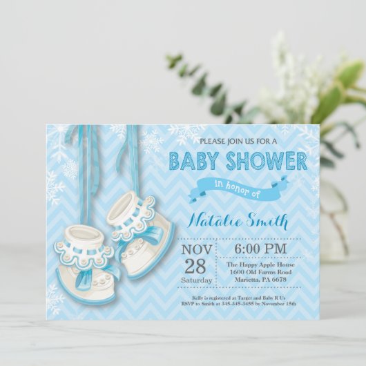 Invitation Winter Blue Chaussures garçon Baby shower Invitati (Debout devant)