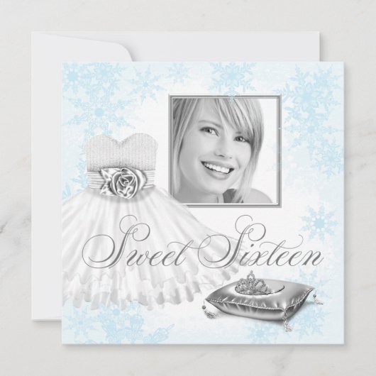 Invitation Winter Blue Snowflake Photo Sweet sixteen Party (Devant)