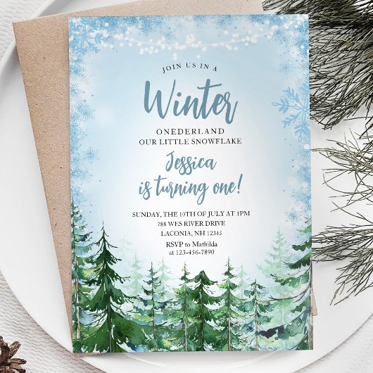 Invitation Winter Blue Snowflakes Onederland 1er anniversaire
