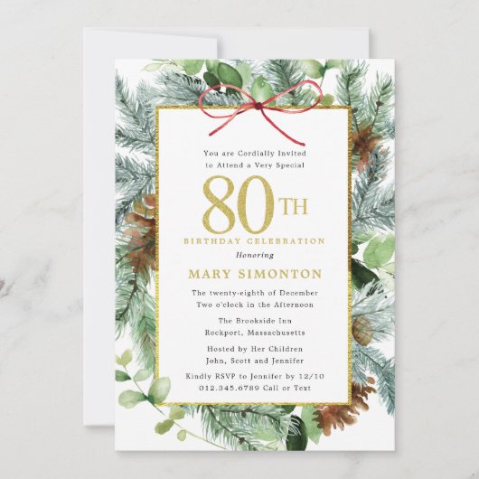 Invitation Winter Botanical Floral Gold 80e fête d'anniversai (Devant)