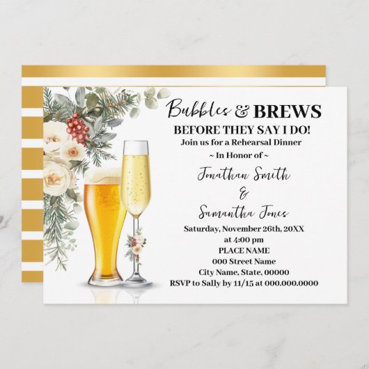 Invitation Winter Bubbles & Brews Rehearsal Dinner (Devant / Derrière)