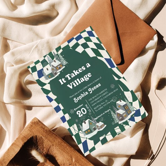 Invitation Winter Checkered "It Takes a Village" baby shower