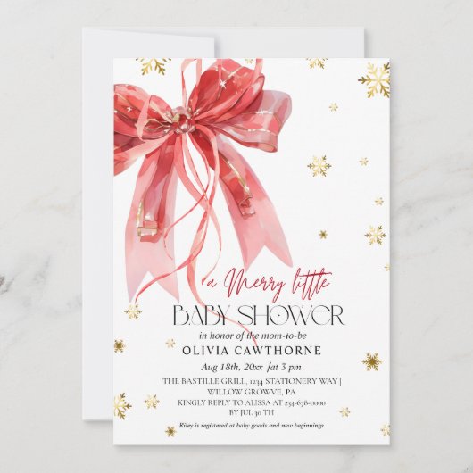 Invitation Winter Christmas Red Bow Baby Shower (Devant)